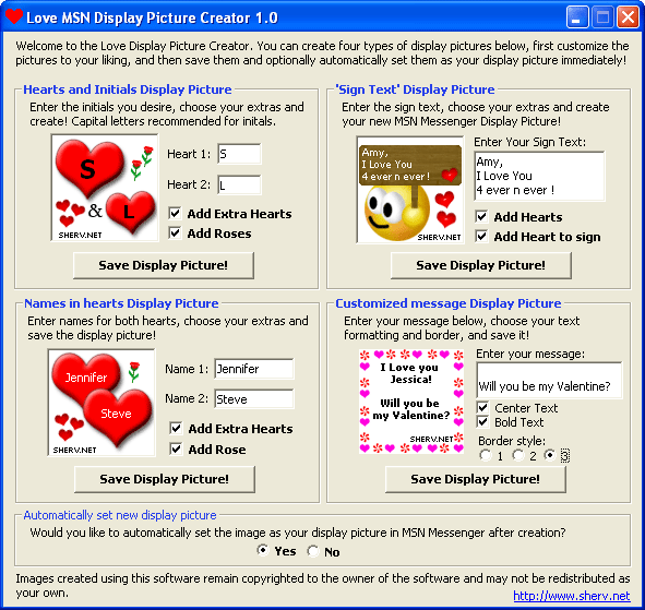 Screenshot of Love Display Picture Creator