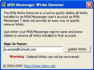 Screenshot of MSN Winks Remover