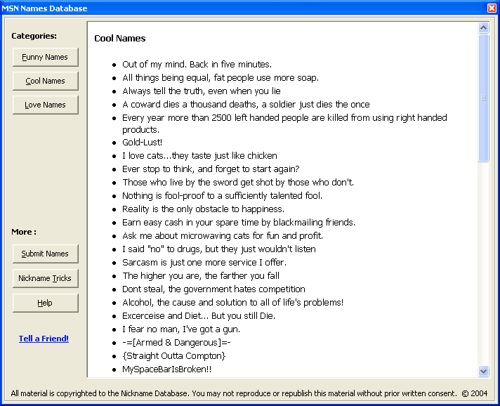 Screenshot of MSN Names Database